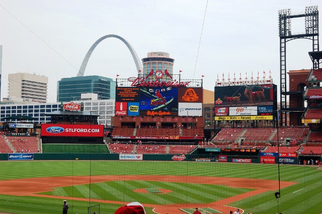 Busch Stadium's iconic Budweiser sign above the scoreboard