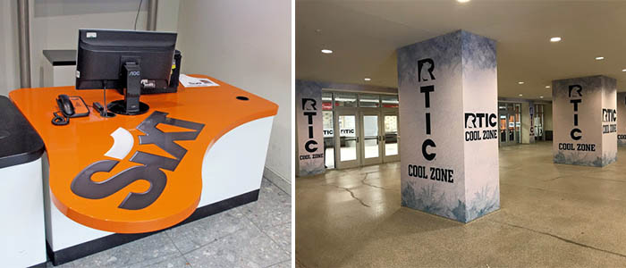 Companies use vinyl wraps to advertise on their desk and around columns